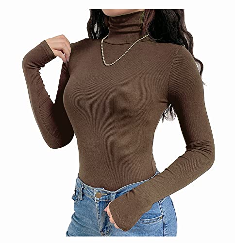 Roselux Women Long Sleeve Ribbed Turtleneck Basic Cotton Fitted Thermal Shirt Sweaters Brown, L