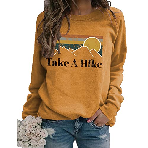 MLZHAN Womens Take A Hike Sweatshirts Camping Hiking Casual Crewneck Pullover Relaxed Fit Tops (Yellow,L,Large)