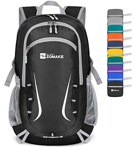 ZOMAKE Packable Hiking Backpack 40L:Lightweight Foldable Backpacks Water Resistant – Small Packable Back Pack Travel Day Pack for Camping Hiking Women Men (Black)