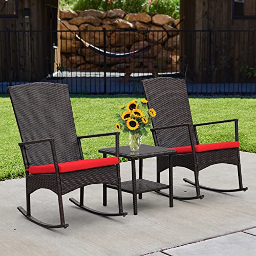 Outdoor PE Wicker Porch Rocking Chair 3 Piece Patio Bistro Set Garden Conversation Furniture Brown Rattan with Glass Top Coffee Table, Red Cushion