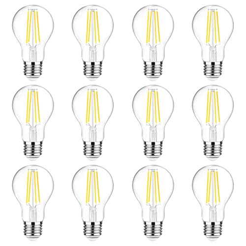 Ascher 60 Watt Equivalent, E26 LED Filament Light Bulbs, Daylight White 4000K, Non-Dimmable, Classic Clear Glass, A19 LED Light Bulb with 80+ CRI, 12-Pack