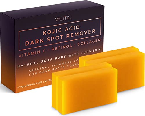 VALITIC Kojic Acid Dark Spot Remover Soap Bars with Vitamin C, Retinol, Collagen, Turmeric – Original Japanese Complex Infused with Hyaluronic Acid, Vitamin E, Shea Butter, Castile Olive Oil (4 Pack)