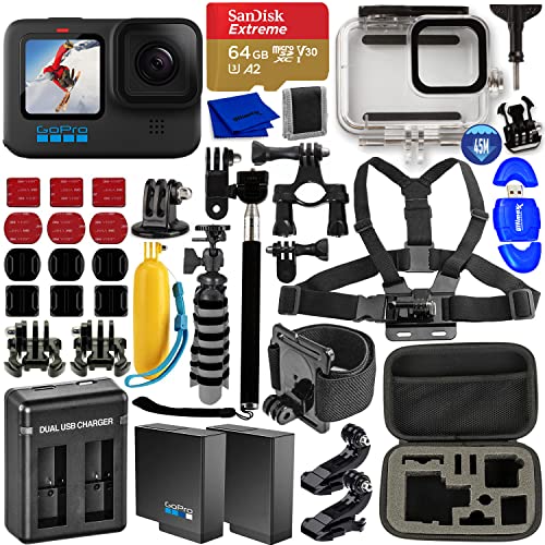 Pixel Hub GoPro HERO10 Hero 10 Camcorder Black – Extreme Bundle Includes: Sandisk Ultra 64GB microSD, 2X Extra Batteries, Charger, Underwater Housing, Selfie Stick, Gripster, Carry Case and More