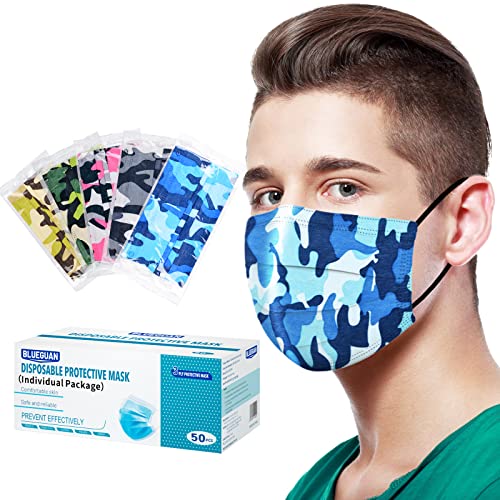 Disposable Face Masks – 50 Pack Camouflage Disposable Masks for Women and Men，3 Ply Face Masks Individually Wrapped Breathable Adult