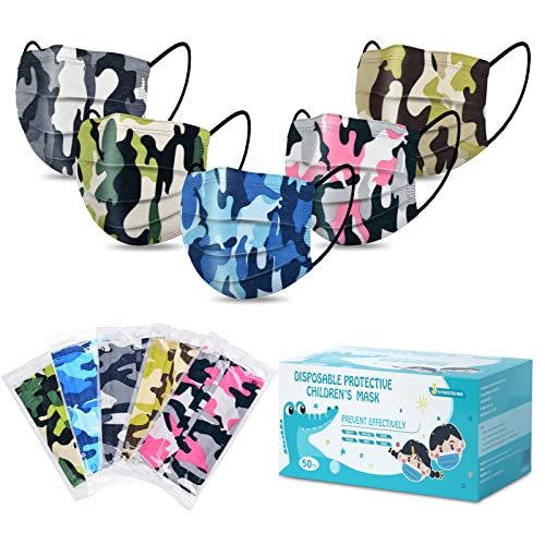 50pcs Kids Disposable Face Masks, 3 Ply Kids Masks Disposable Colorful Cute Face masks for Children, Girls & Boys