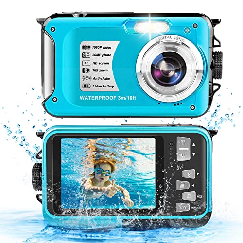 Yifecial Waterproof Camera 10FT Underwater Camera 30MP 1080P HD Video Resolution 16X Zoom Waterproof Digital Camera for Snorkeling,Vacation(Blue)