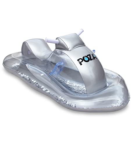 POZA Inflatable Silver Snowmobile Sled – Luxurious Gray Snow Sled with Handles and Filled with Silver Snowflake Confetti, Premium Cold Resistant Heavy Duty PVC Sled for Adults and Kids – 51 Inch
