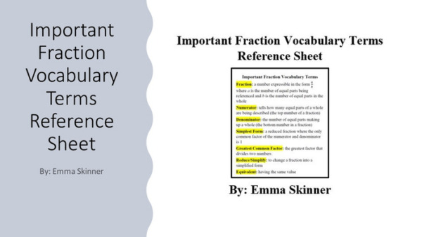 Important Fraction Vocabulary Reference Sheet – 1 Per Page