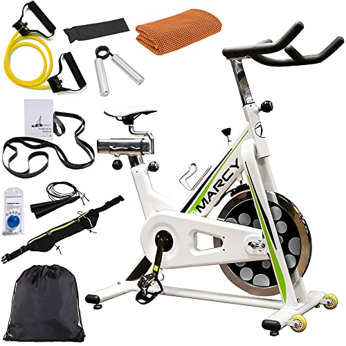 Marcy NSP-122 Deluxe Club Revolution Cycle – White/Green Bundle with Deco Gear Home Gym 7pc Fitness Kit, Workout Cooling Sport Towel and Deco Essentials Sport Zippered Waist Belt (E1MRCYNSP122)