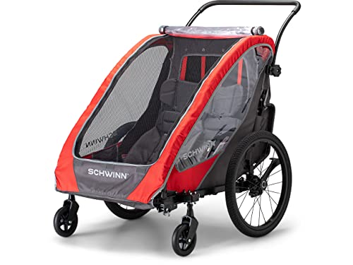 Schwinn Summit Deluxe Kids Double Bike Trailer, Child Carrier Seats 2 Riders, Max Weight 87lbs, Converts to Stroller, 20-Inch Wheels, Red