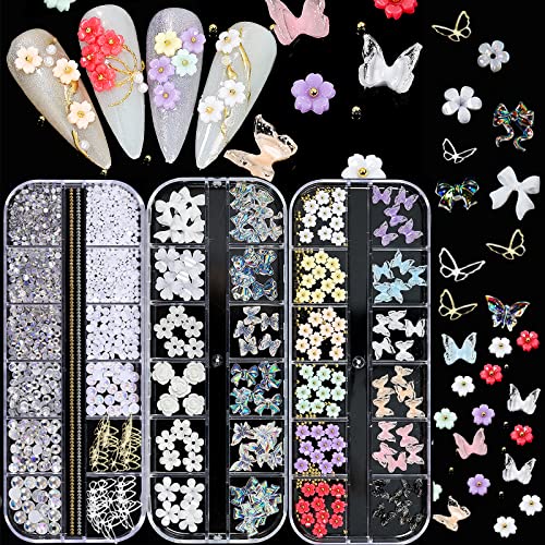 3 Boxes Nail Charms 3D Color Butterfly Flowers Bear Acrylic Nail Charms 3D with Starry AB Nail Crystal Rhinestones Pearl Gold Metal Studs for Nail Art DIY Jewelry Accessories Crafting