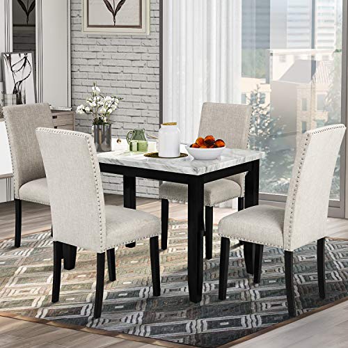Merax 5 Piece Faux Marble Dining Table Set with 4 Thicken Cushion Chairs for Living Room, White+Beige