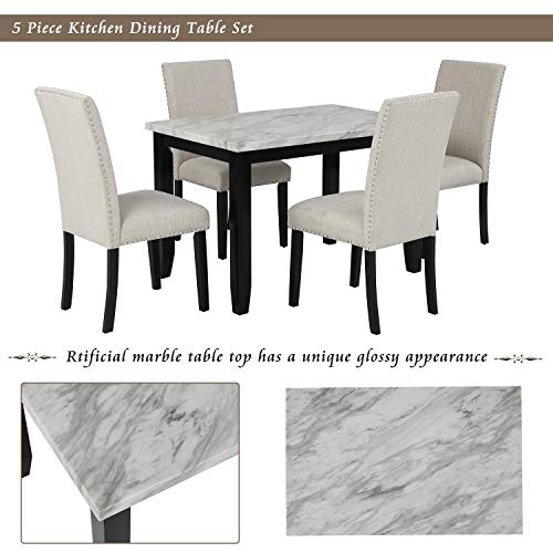 Merax 5 Piece Faux Marble Dining Table Set with 4 Thicken Cushion Chairs for Living Room, White+Beige | The Storepaperoomates Retail Market - Fast Affordable Shopping