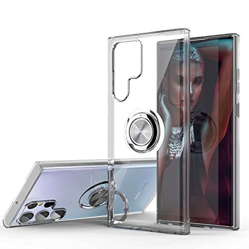 Galaxy S22 Ultra Case, Clear Body Soft TPU Shockproof Case with 360 Degree Rotation Ring Kickstand(Work with Magnetic Car Mount) for Samsung Galaxy S22 Ultra (Clear)