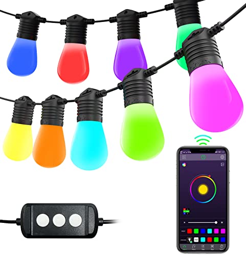 Wonsidary 2022 Newest RGBW Outdoor String Lights, 48FT 15LED Patio Lights Bluetooth App Control, IP65 Waterproof Color Changing Lights for Garden Decor