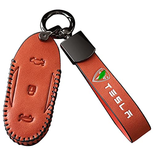 Keychain Leather Control 3 Buttons Fob Holder Cover Case Fit For Tesla Model3 ModelS Key Holder Case Styling Car Accessories (ORANGE)