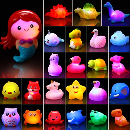 24 Packs Baby Bath Light Up Toys, Floating Rubber Animal Toys for Toddlers Infant Kids Boys Girls Flashing Color Changing Light in Water Bath Toys for Bathtub Bathroom Shower Games Swimming Pool