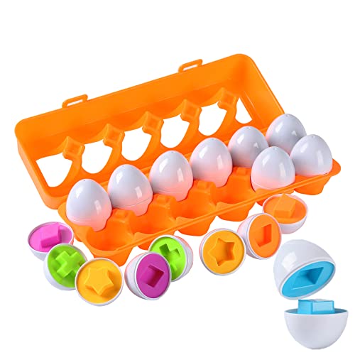 KlugPop 12 PCS Matching Eggs Toy, Color & Shape Recognition Toddler Educational Toys, Easter Eggs Sorter Puzzle Learning Montessori Toys for Toddler Kids Child Gift 18 Month+