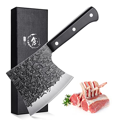 ROCOCO Meat Cleaver Knife 1.9lb Heavy Duty Bone Cutting Knife Cold Steel Bone Breaker Hand Forged Butcher Knife Full Tang Viking Chopping Axe Outdoor Survival Hunting Camping Christmas Gift Idea