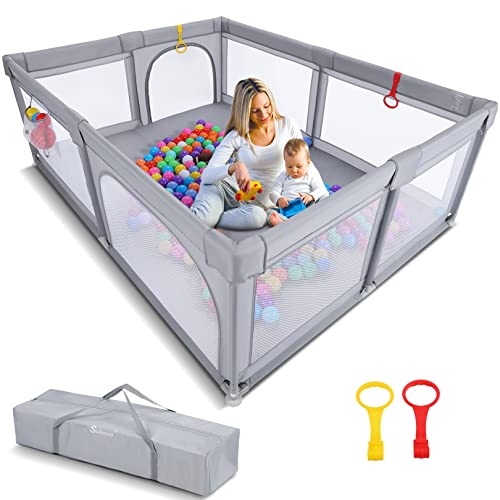 Baby Playpen, Sailnovo Large Playard Portable Indoor Outdoor Kids Activity Center, Packable Infant Safety Gates with Breathable Mesh, Sturdy Play Yard for Toddler, Children’s Fences