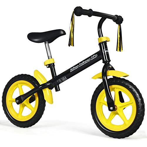 AKUSTIK OLAKIDS Kids Balance Bike No Pedal Bicycle with Fenders, Tassel Ribbon, Adjustable Seat and Handlebar Lightweight Beginner 12” Toddler Bike for Girls Boys 2-5 Years (Yellow)