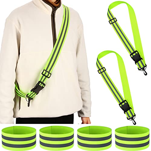 2 Pcs Reflective Sash with 4 Bands Adjustable Visibility Belt Safety Strap, Band for Wrist Arm Ankle Leg Substitute for Reflective Vest Reflective Running Gear (Fluorescent Green)