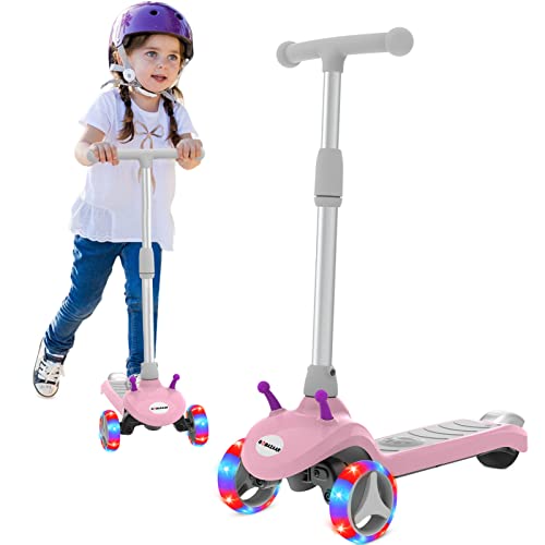 Electric Scooter for Kids Gobazaar, LED Light-up Wheels, 3 Height Adjustable, C-Shaped Handle, Lean-to Steer Design, 3 Wheel Scooter for Kids 2-8Y, Best Children’s Gifts (Pink)
