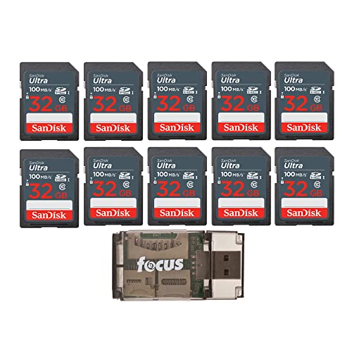 SanDisk 32GB Ultra SDHC UHS-I Memory Card (10-Pack) with Focus High Speed USB Card Reader Bundle (11 Items)