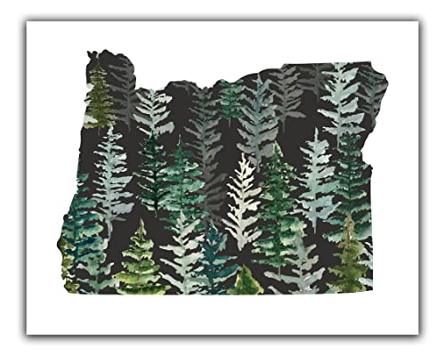 Oregon State Map Wall Art Print – 8×10 Silhouette Decor Print with Watercolor Forest. Makes a Great Oregon-Themed Gift. Shades of Green, Gray & White.