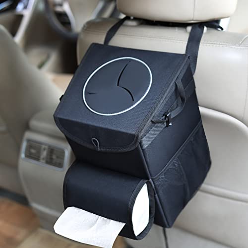 QIQIANG Car Trash Can with Lid and Storage Pockets, Car Liner Removable Storage Bag and Wet Wipe Holder 100% Leak-Proof, Auto Accessories trashcan, Car Organizer Car Garbage Can(Black)
