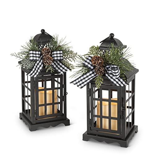 Orchid & Ivy Set of 2 10.5-Inch Rustic Black Metal Christmas Holiday Lanterns w/ Flameless LED Candle, Pinecones, Greenery, Plaid Bow – Decorative Country Farmhouse Decoration – Winter Xmas Home Decor