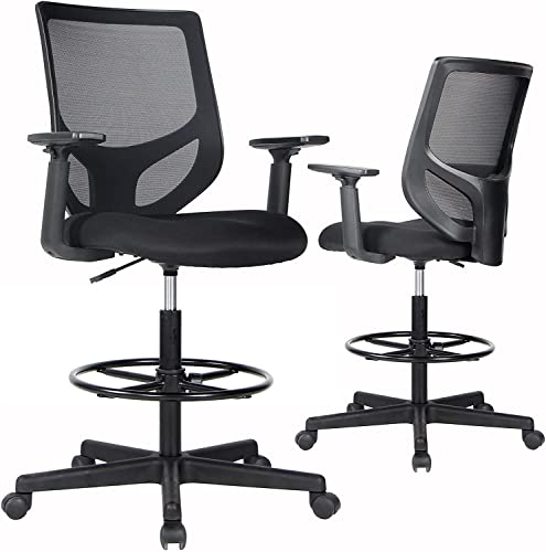 Drafting Chair Tall Office Chair, High Office Mesh Chair, Ergonomic Computer Rolling Chair, Standing Desk Stool with Adjustable Armrests and Foot-Ring