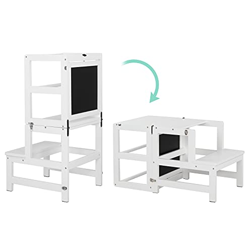 JOYMOR Kids Kitchen Standing Tower with Safety Rail, Chalkboard, Children Learning Step Tower for Kitchen Counter, Mothers’ Helper (White)