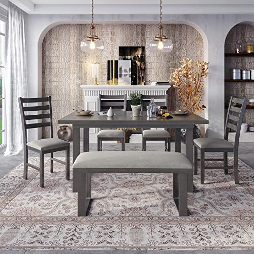 Quarte Wood Dining Table Set, Rrectangle Table and 4 Chairs with Bench, Kitchen Family Furniture Set of 6, Rustic Style