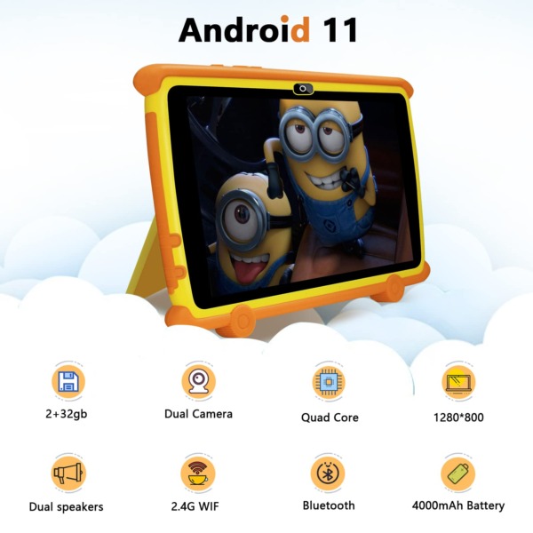 JREN Kids Tablet 8”, Android 11 Toddler Tablet Equipped with 1.5HZ Quad-Core, Tablet for Kids Supports Google Play, 2+32GB, Kid Tablet with Parental Control, Dual Camera and Yellow Kid-Proof Case