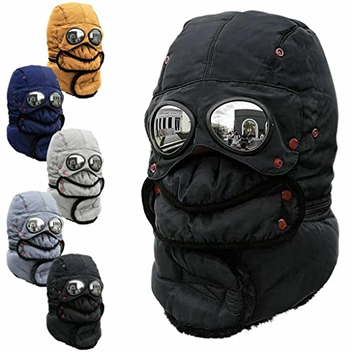 LINPING Winter Thermal Trapper Hat with Glasses Winter Cycling Windproof Ski Mask Cap (Black)
