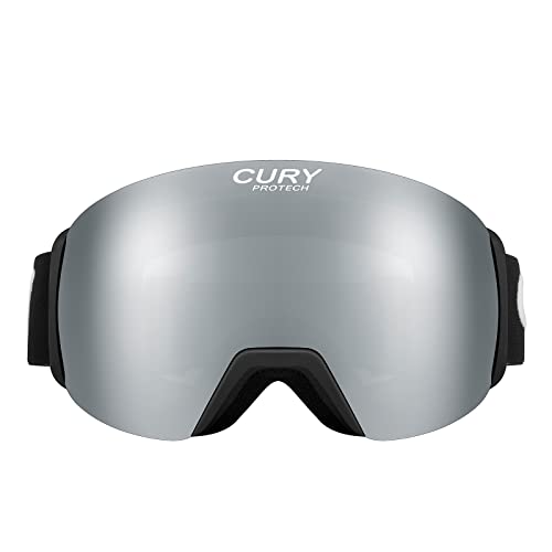 CURY PROTECH Ski Goggles OTG Snowboard Goggles – Detachable Lens for Men Women Adult Youth Snow Goggles (Blackframe Revo Silver Lens Vlt15%)