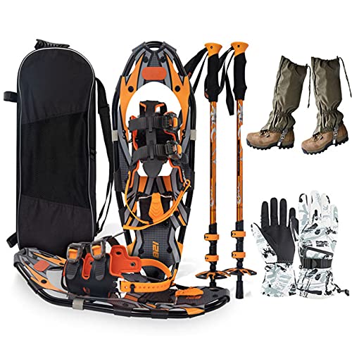 ZHOUHUAW Lightweight Terrain Showshoes Set for Women Men, 25″/ 30″ Snow Shoes Kit with Trekking Poles, Snow Leg Gaiters, Gloves and Carrying Tote Bag,Orange,30inch