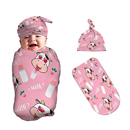 Midaivu Cartoon Cow Newborn Swaddle Blankets Beanie Hat Sets,Newborn Receiving Blanket for Boy Girl,Swaddle Sack Shower Infant Gift, One Size