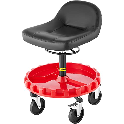VEVOR Shop Stool, 300 LBS Rolling Garage Stool, 22” to 26” Adjustable Height Mobile Rolling Gear Seat, Round Tray Garage Pneumatic Stool, All-Terrain 5″ Casters with Two Brakes Mechanic Seat