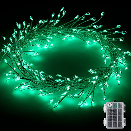8 Feet 200 LED Starry Lights, Battery Operated Waterproof Copper Wire Firecracker String Lights for Outdoor Indoor Party, Xmas, Garland, Wreath, Garden, Wedding Decors (Silver Wire, Green Light)