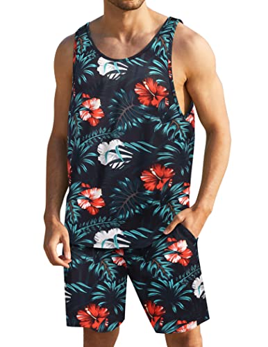 COOFANDY Men Floral Tank Hawaiian Shorts Sets Summer Tank Tops Beach Tropical Outfits