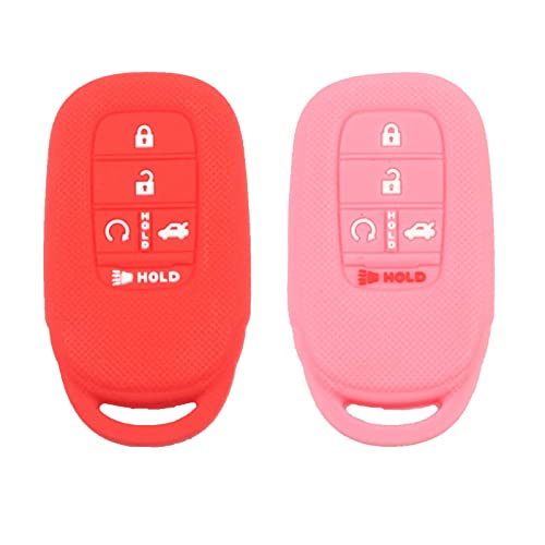 LemSa 2Pcs 5 Buttons Silicone Key Fob Cover Case Remote Keyless Protector Compatible with 2022 Honda Accord Civic, Red Pink