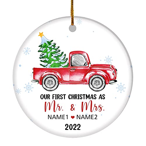 TeesNow Personalized First Christmas As Mr and Mrs Ornament Married 2022 Custom Name Decoration Customized Christmas Tree Ornament Circle