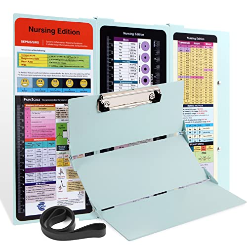 Nursing Clipboard with Nursing and Medical Edition Cheat Sheets 3 Layers Aluminum Foldable Nurse Clip Boards Notepad for Students, Nurses and Doctors (Mint)