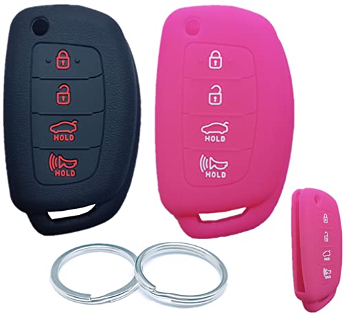 RUNZUIE 2Pcs 4 Buttons Silicone Flip Folding Key Fob Cover Protector Shell Compatible with Hyundai Santa Fe Santa Tucson Kia (Not Fit The Smart Key Fob) (Black with Red and Hot Pink)