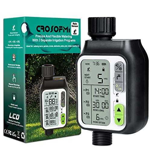 CROSOFMI Sprinkler Timer,Water Timer with 3 Separate Watering Programs and Rain Auto Sensor Function,Garden Lawn Hose Faucet Timer Irrigation System Controller/Child Lock/Rain Barrel/3.5″ Screen/IPX5