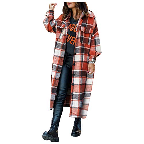 Plaid Shacket Womens,Womens Casual Color Block Plaid Shirts Button Down Flannel Shacket Jacket Tops,Shirts for Women Orange Long Sleeve Shirts for Women