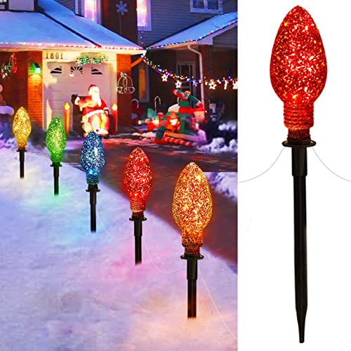 Christmas Lights Jumbo C9 Outdoor Lawn Decorations with Pathway Marker Stakes, 2 Pack 6.5 Feet String Lights Covered Jumbo Glitter Multicolor Light Bulb for Outside Yard Garden Decor, 10 Lights
