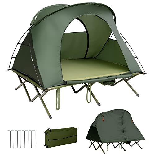 Tangkula 2-Person Tent Cot, 4-in-1 Folding Tent with Waterproof Rainfly, Self-Inflating Mattress & Roller Carrying Bag, Portable Off Ground Elevated Tent with Shoe Storage Pocket & Lamp Hook (Green)